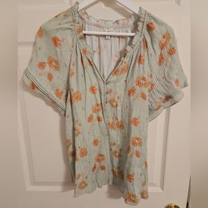 Wonderly Soft Green and Orange Floral Blouse Size Large